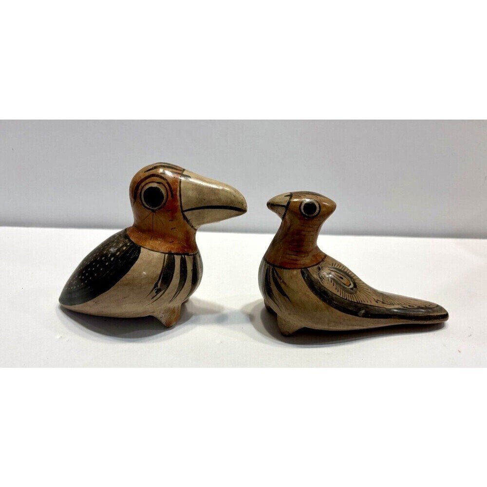 Mexican Pottery Hand Painted Toucan Birds Folk Art Figurine Signed Set 2 Brown